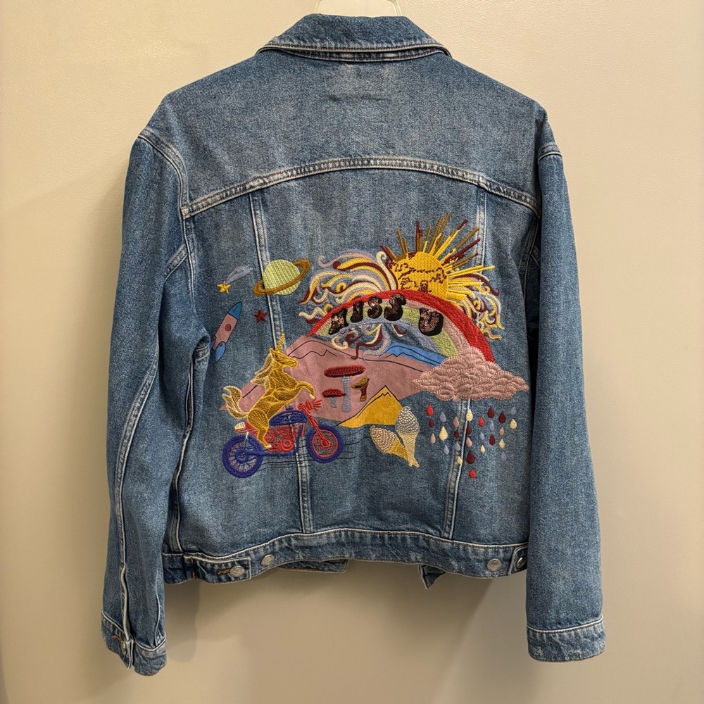 ZARA Women’s Embroidered Oversized Small Blue Jean Denim Jacket Unicorn Rainbow